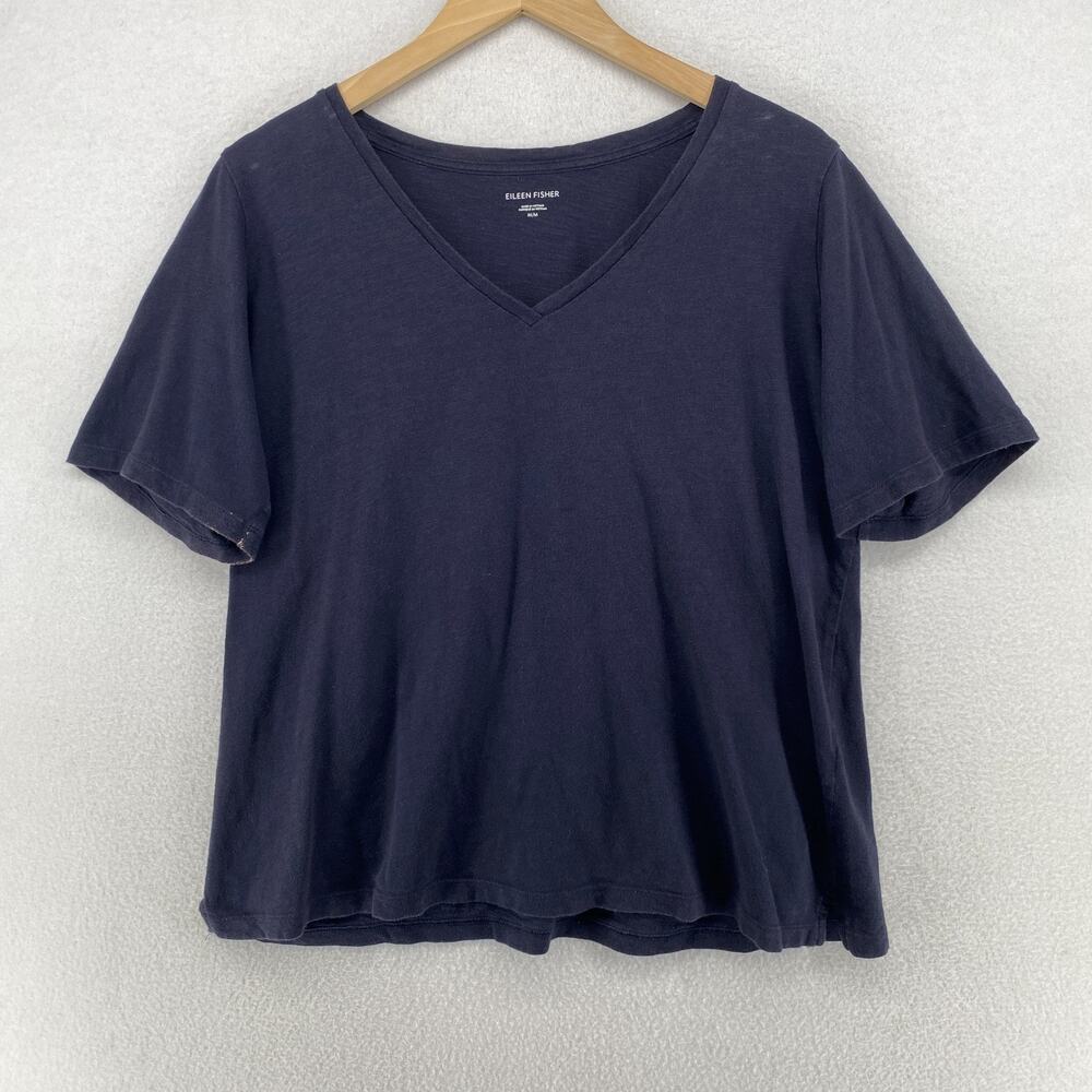 EILEEN FISHER Top M Slub Organic Cotton Jersey V-Neck Short Sleeve Basic Blue